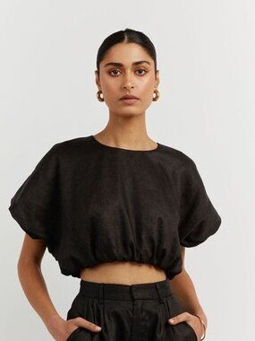 Dissh Bonnie Black Linen Bubble Crop Top 4